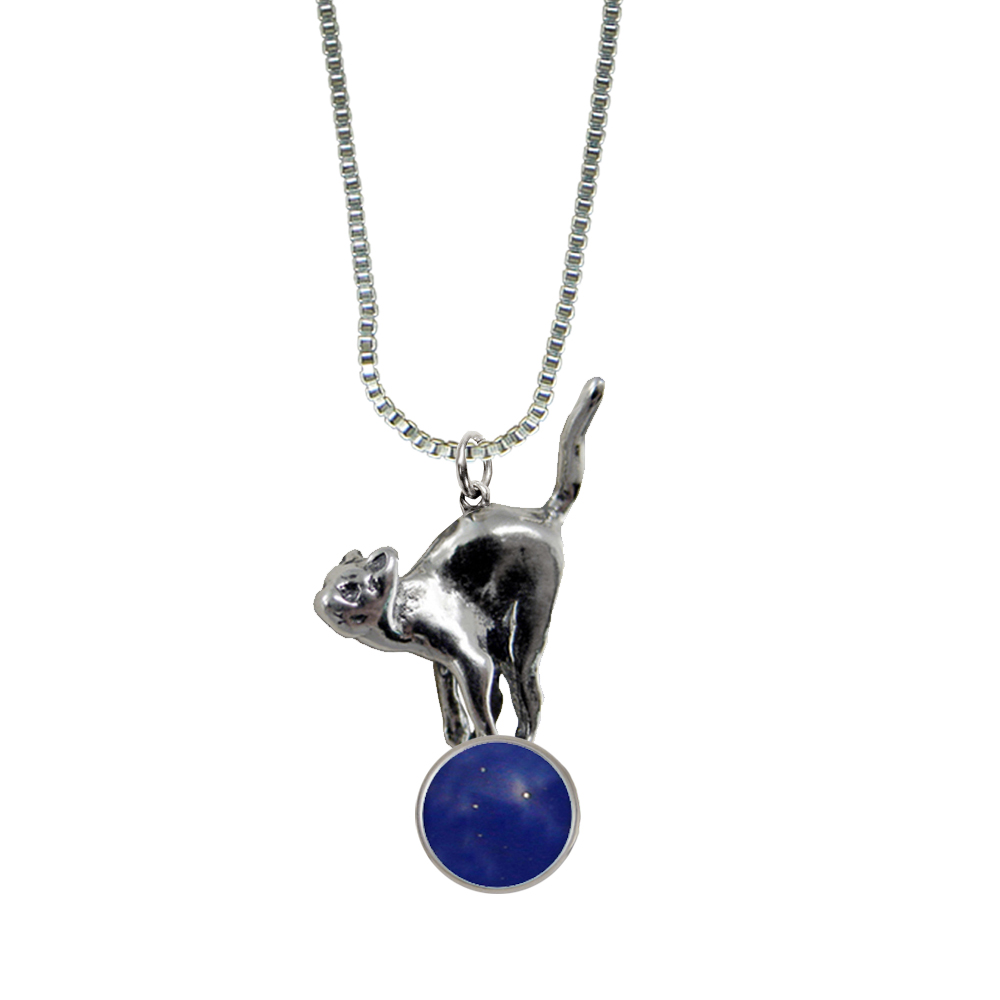 Sterling Silver Playful Kitty Cat About To Jump Pendant With Lapis Lazuli